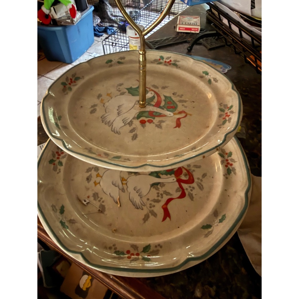 International Tableworks Marmalade Christmas 2 Tier Serving Tray Geese Stoneware